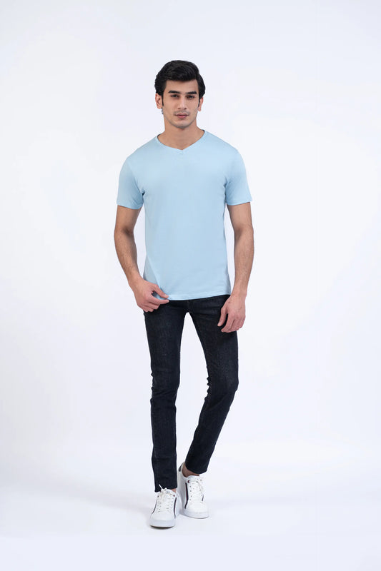 Sky Blue V-Neck T-Shirt Men Tee Summer V-2 2024 COUGAR