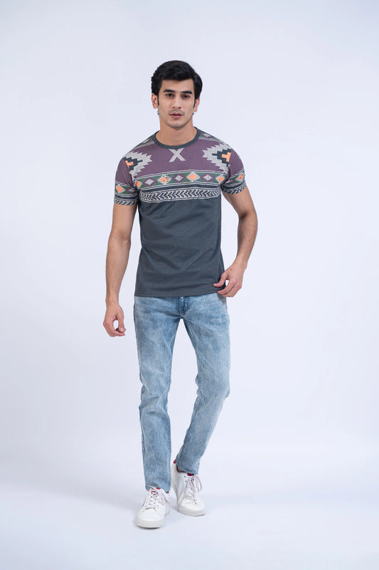 Grey Geometrical Printed T-Shirt Men Tee Summer V-2 2024 URBAN STATION COUGAR