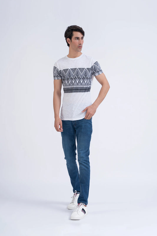 White Geometrical Printed T-Shirt Men Tee Summer V-1 2024 AURA COUGAR