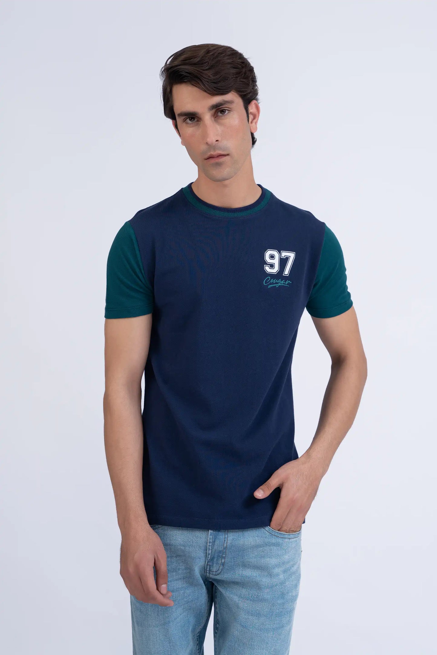 Navy Contrast Sleeves T-Shirt Men Tee Summer V-1 2024 AURA COUGAR   