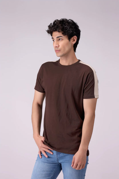 Regular Fit Shoulder Paneled T-Shirt Men Tee COUGAR (S V-1 2025) S Chocolate Men