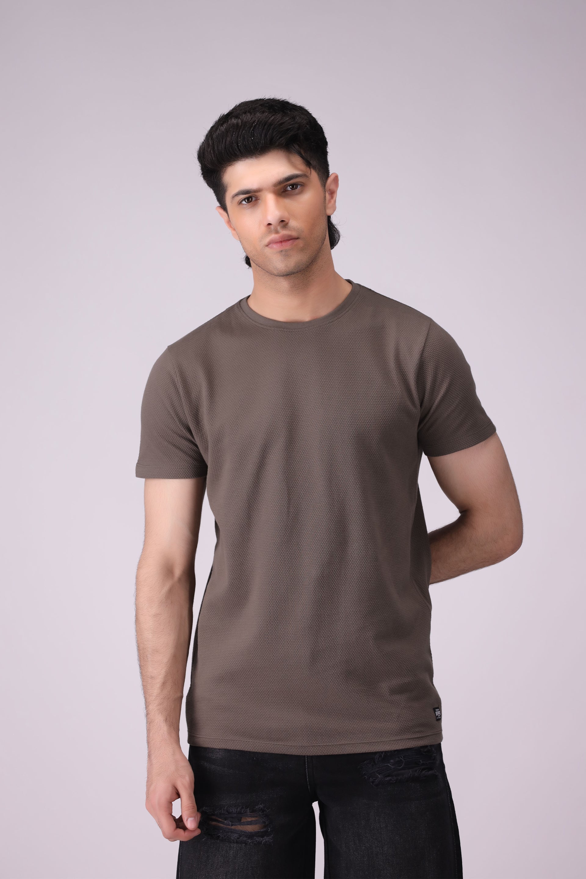 Regular Fit Honeycomb Knit T-Shirt Men Tee COUGAR (S V-1 2025) S Light Olive Men