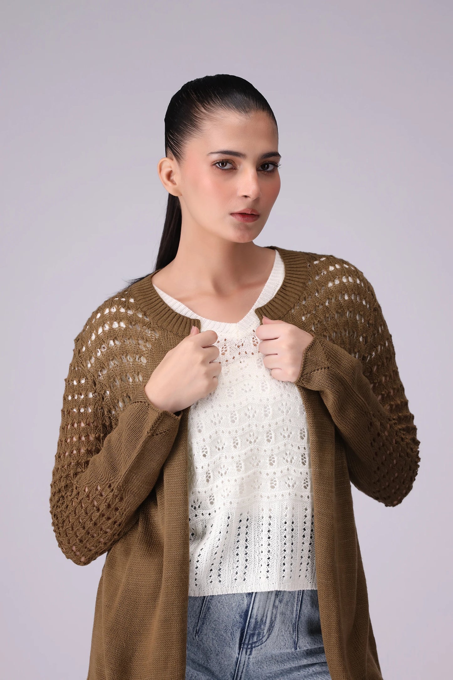 Front Open Cardigan With Crochet Knit Women Sweater Winter 2024 COUGAR- (Women Winter 2024)