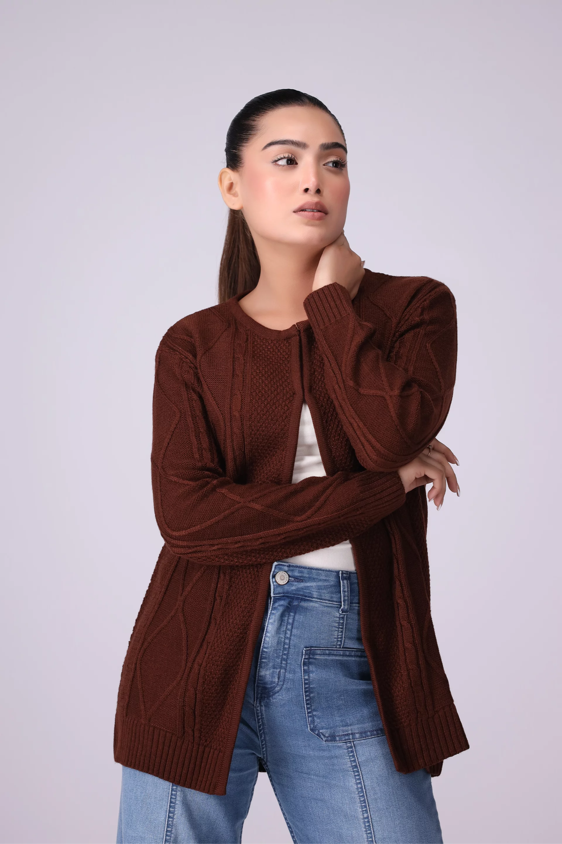 Cable Knit Cardigan Women Sweater Winter 2024 Knit Story COUGAR- (Women Winter 2024) SM Brown 