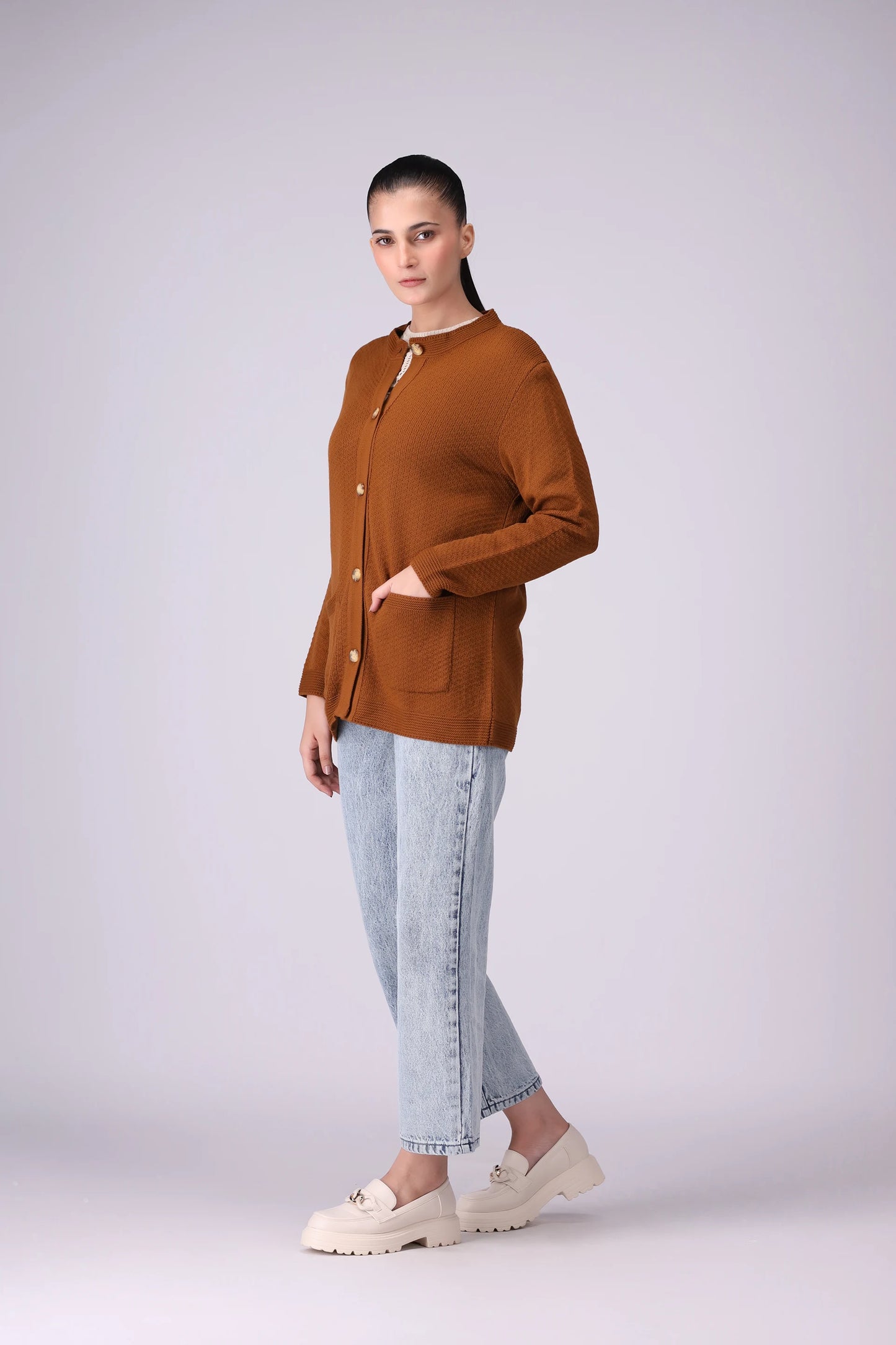 Button Through Textured Knitted Cardigan Women Sweater Winter 2024 Knit Story COUGAR- (Women Winter 2024)   