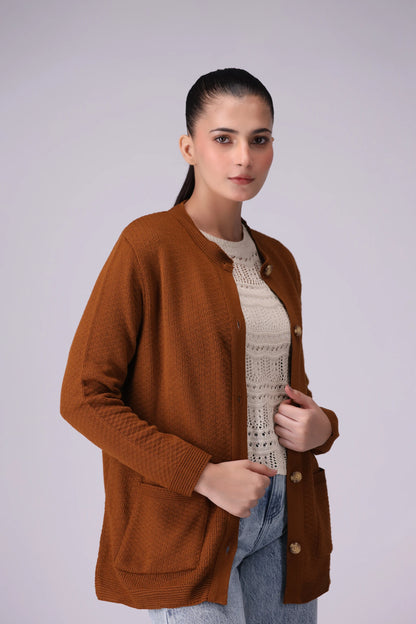 Button Through Textured Knitted Cardigan Women Sweater Winter 2024 Knit Story COUGAR- (Women Winter 2024) SM Caramel 