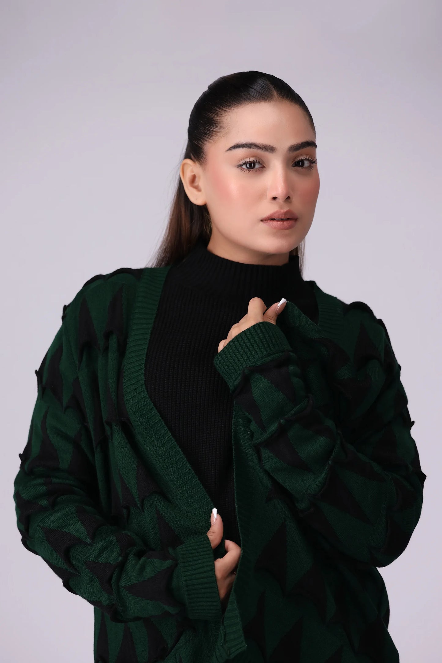 Front Open Geometrical Pattern Cardigan Women Sweater Winter 2024 Knit Story COUGAR- (Women Winter 2024) SM Green 