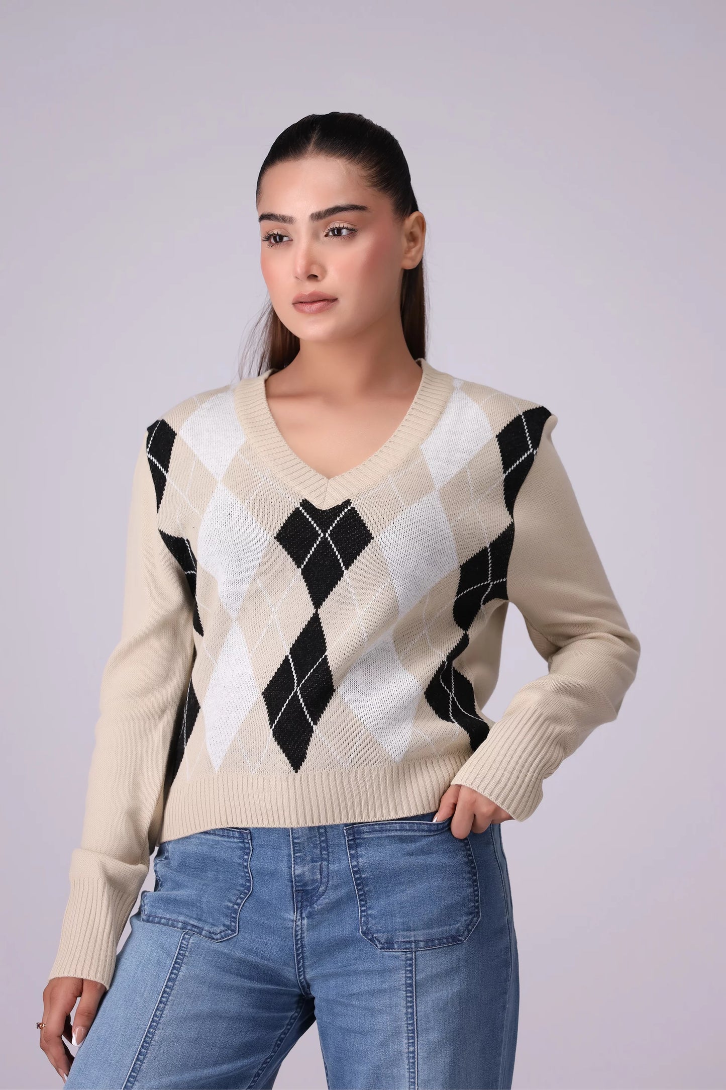 Argyle Pattern Sweater Women Sweater Winter 2024 Knit Story COUGAR- (Women Winter 2024) SM Beige Women