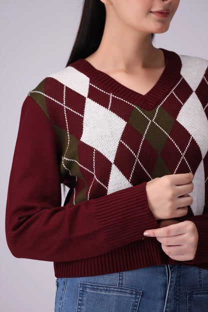 Argyle Pattern Sweater Women Sweater Winter 2024 Knit Story COUGAR- (Women Winter 2024)   