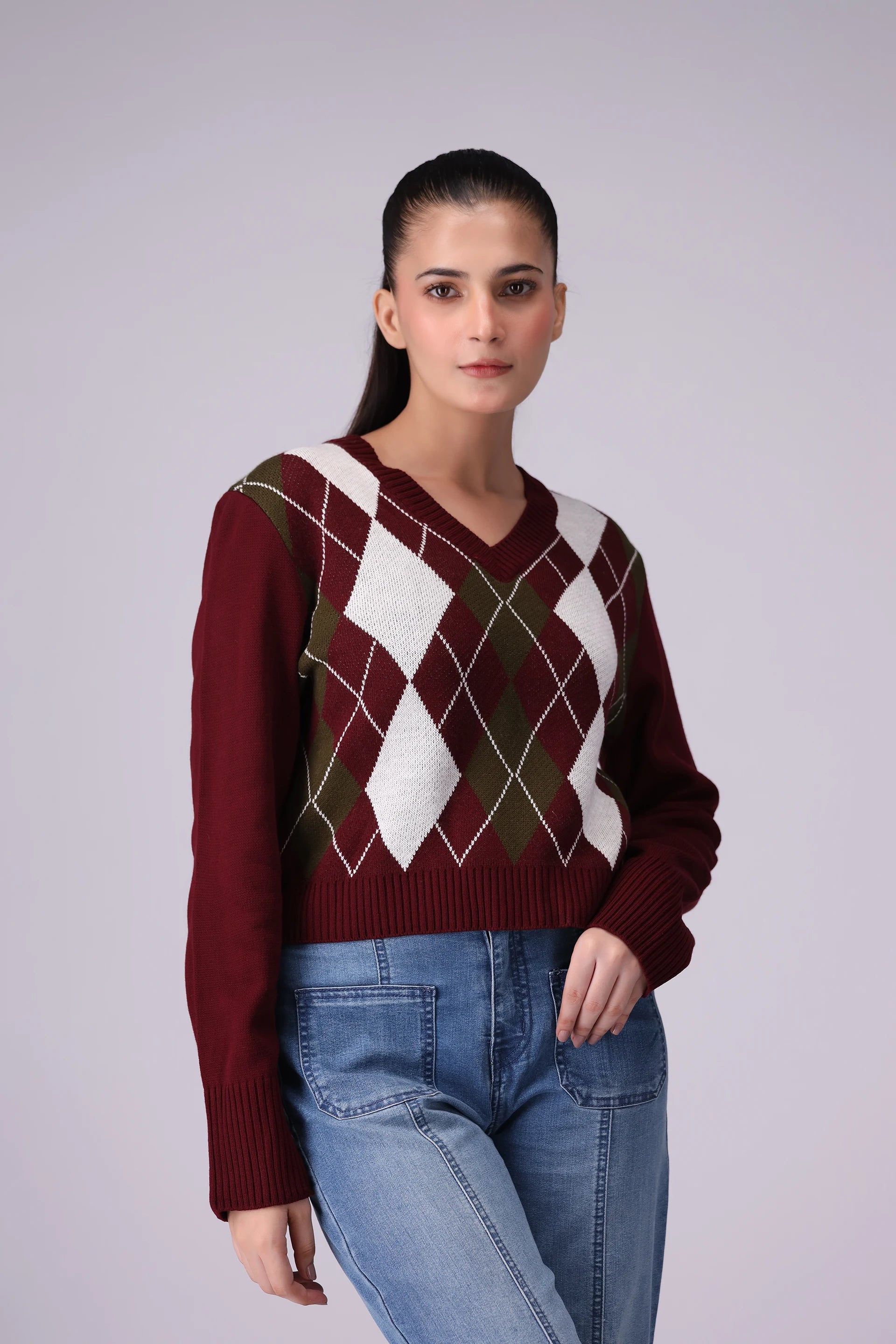 Argyle Pattern Sweater Women Sweater Winter 2024 Knit Story COUGAR- (Women Winter 2024) SM Wine Women