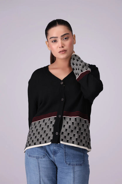 Jacquard Hem Button Down Cardigan Women Sweater Winter 2024 Knit Story COUGAR- (Women Winter 2024) SM Black Women