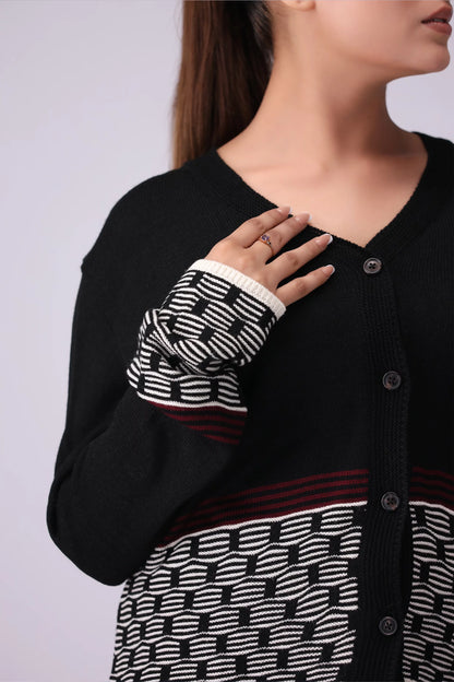 Jacquard Hem Button Down Cardigan Women Sweater Winter 2024 Knit Story COUGAR- (Women Winter 2024)   