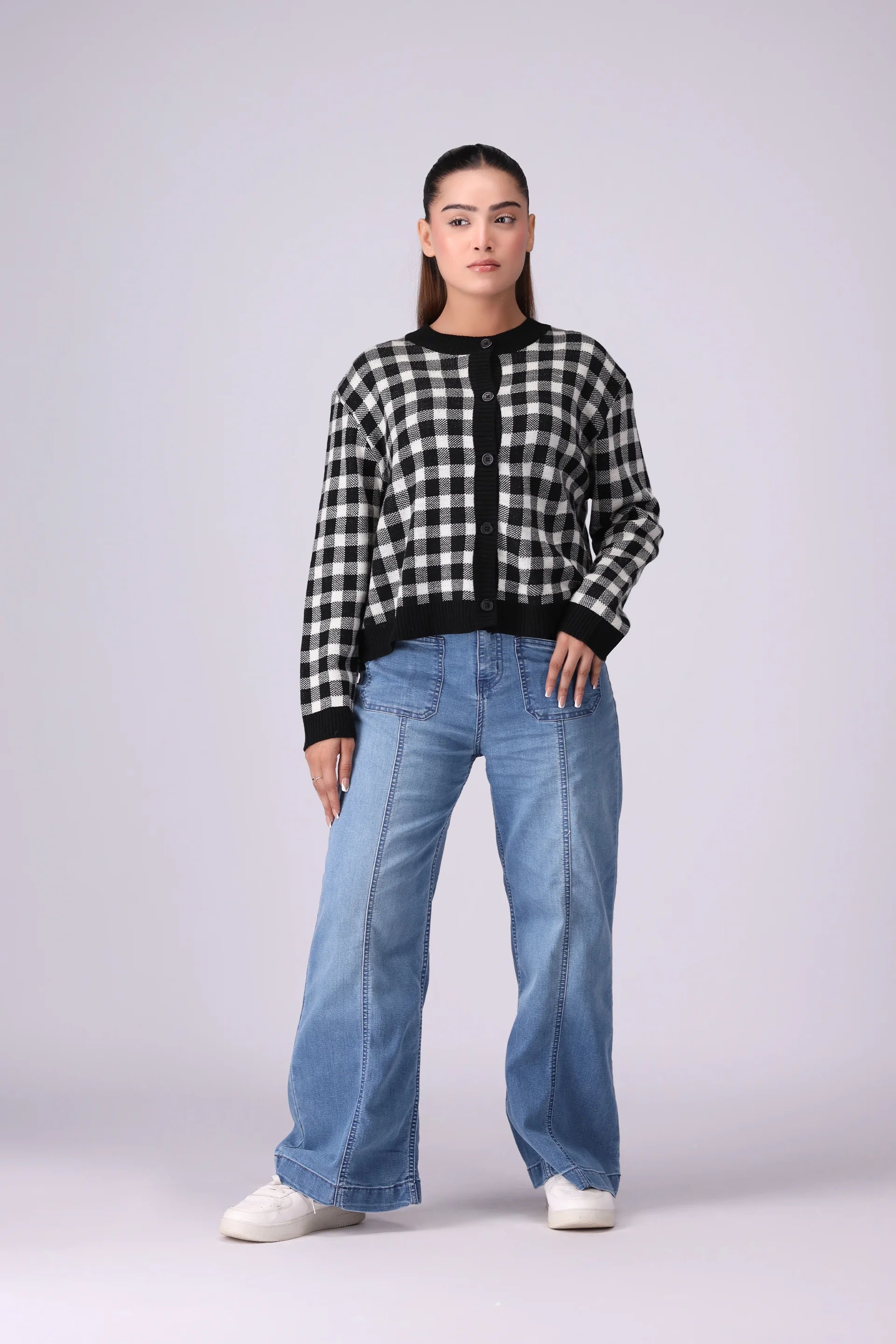 Checkered Button-Through Cardigan Women Sweater Winter 2024 Knit Story COUGAR- (Women Winter 2024)   