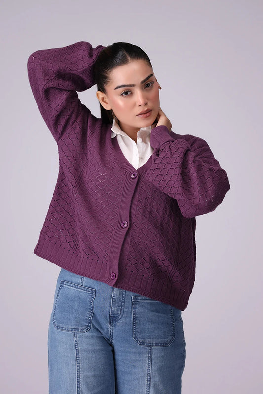 Button-Through Crochet Knit Cardigan Women Sweater Winter 2024 Knit Story COUGAR- (Women Winter 2024) SM Purple 