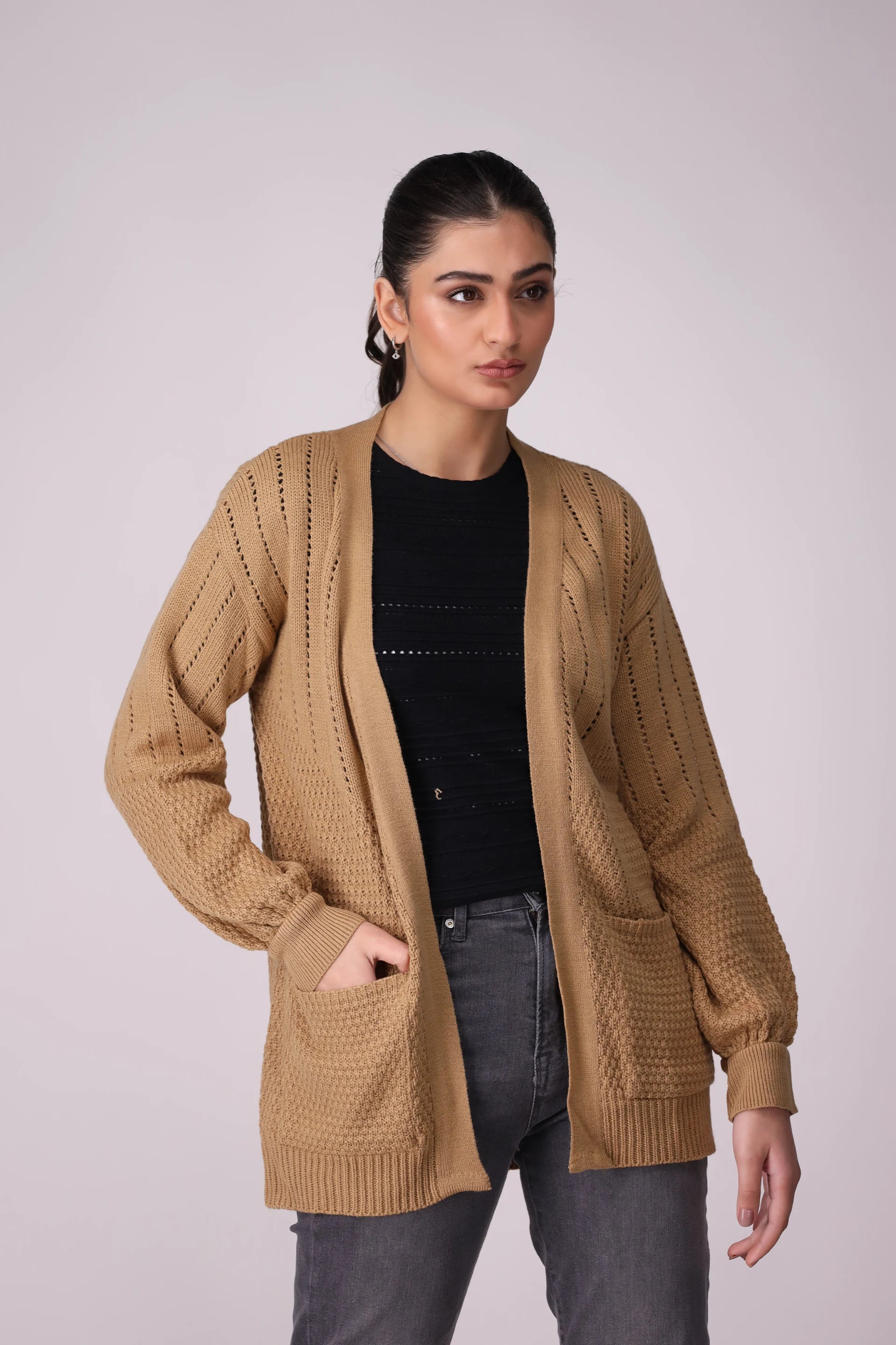 Front Open Cardigan With Crotchet Knit Women Sweater Winter 2024 Knit Story COUGAR- (Women Winter 2024) SM Camel Women