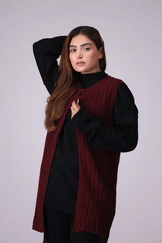 Cable Knit Sleeveless Cardigan Women Sweater Winter 2024 Knit Story COUGAR- (Women Winter 2024) SM Maroon 