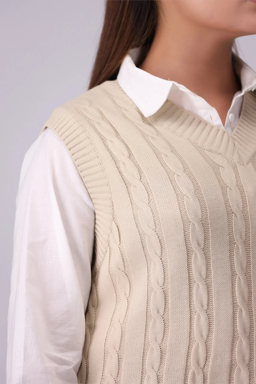 V-Neck Cable Knit Sweater Vest Women Sweater Winter 2024 Knit Story COUGAR- (Women Winter 2024)   