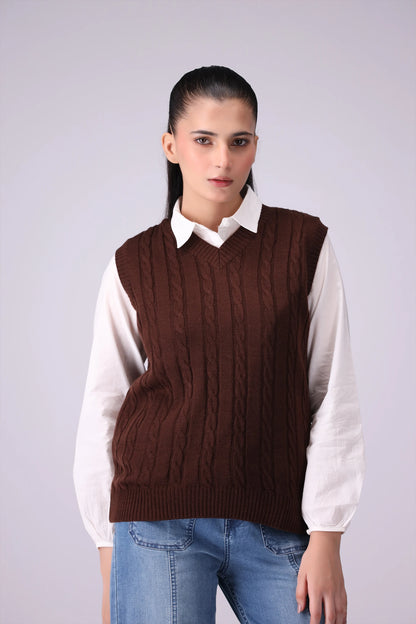 V-Neck Cable Knit Sweater Vest Women Sweater Winter 2024 Knit Story COUGAR- (Women Winter 2024) SM Chocolate 