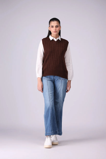 V-Neck Cable Knit Sweater Vest Women Sweater Winter 2024 Knit Story COUGAR- (Women Winter 2024)   