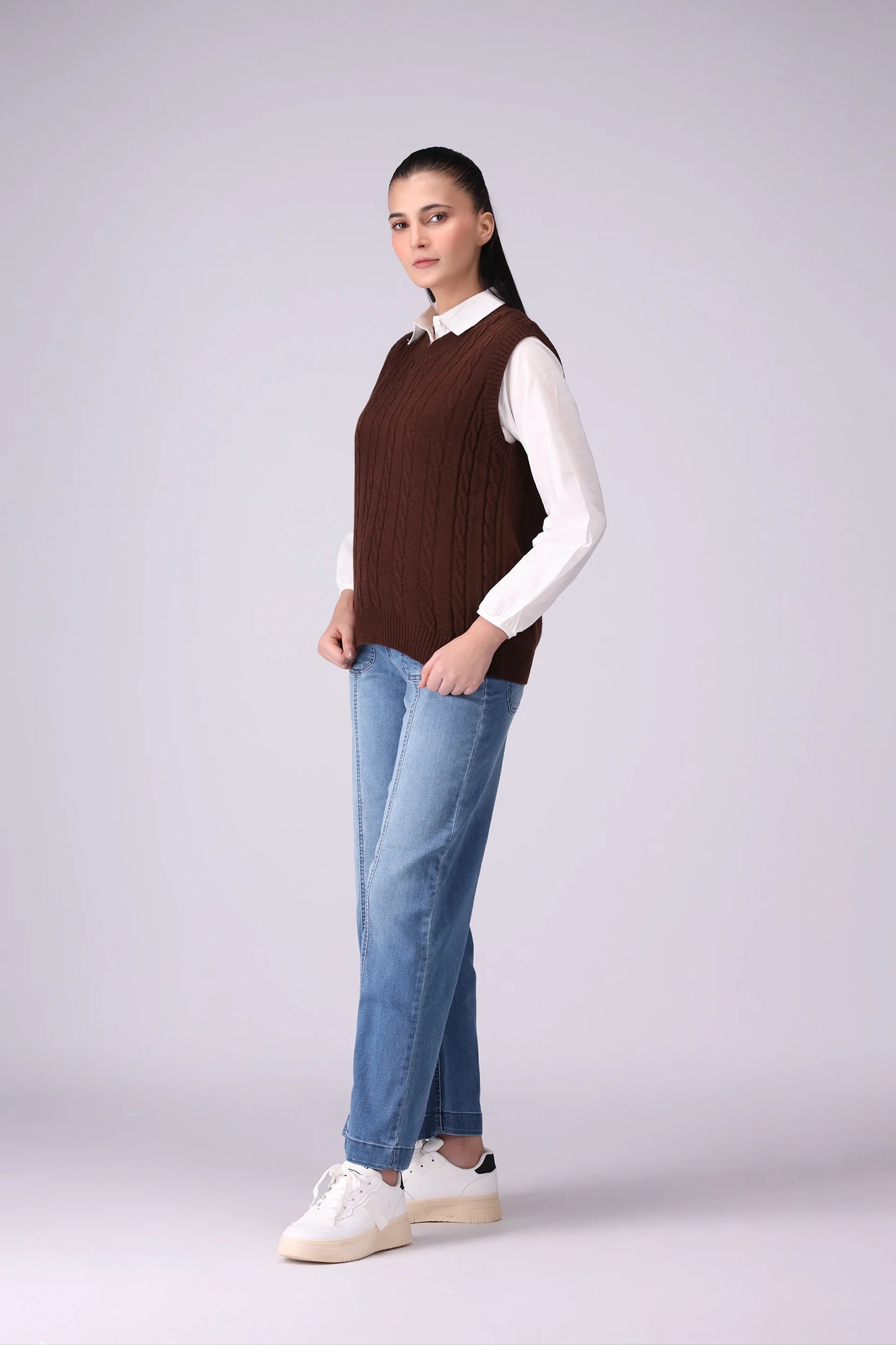 V-Neck Cable Knit Sweater Vest Women Sweater Winter 2024 Knit Story COUGAR- (Women Winter 2024)   