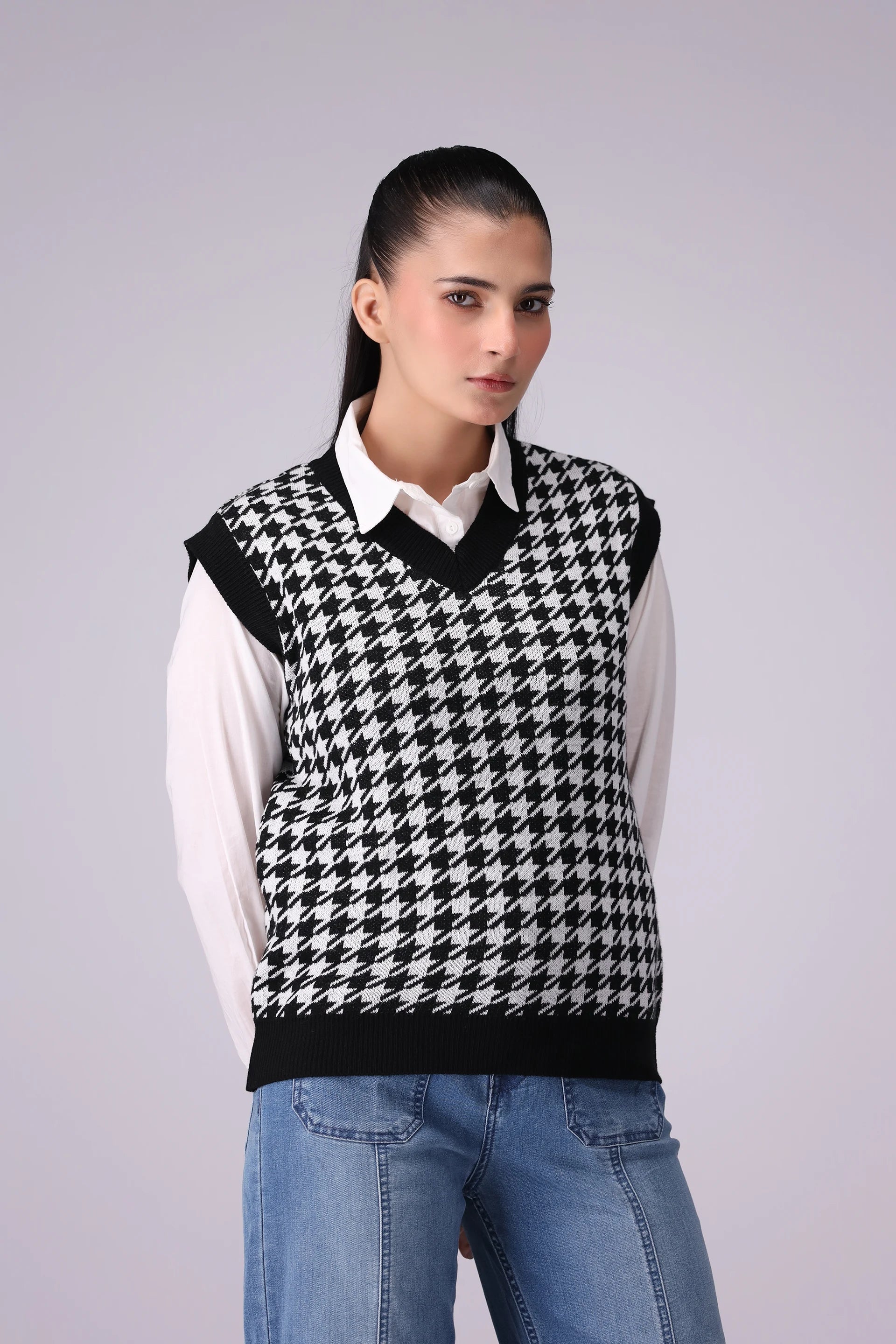 Jacquard Knit Sweater Vest Women Sweater Winter 2024 Knit Story COUGAR- (Women Winter 2024) SM Black 