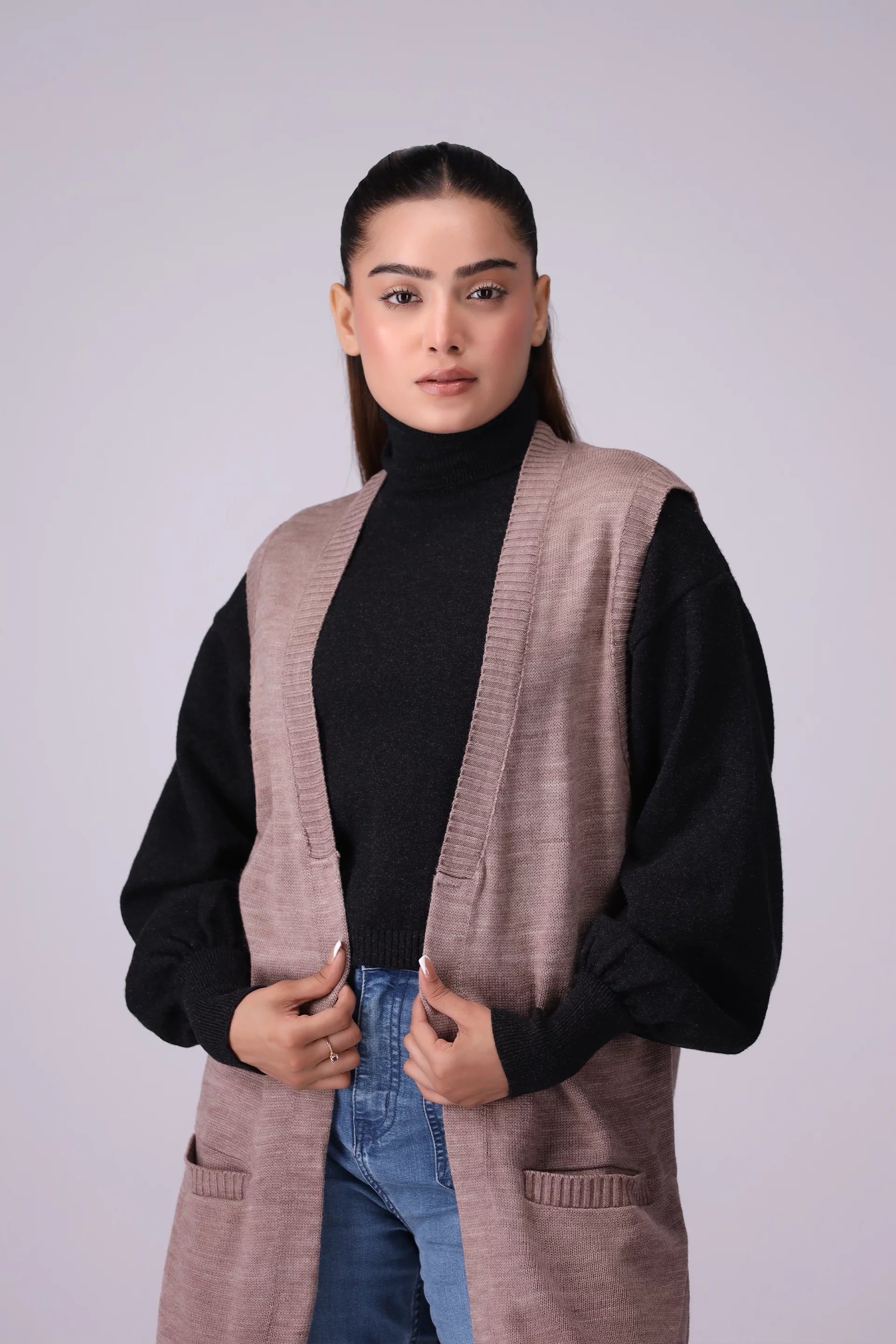 Front Open Sleevless Cardigan Women Sweater Winter 2024 Knit Story COUGAR- (Women Winter 2024) SM Pink 