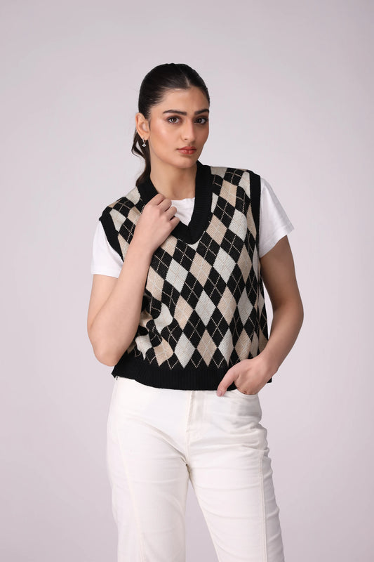 Argyle Pattern Jacquard Knit Sweater Vest Women Sweater Winter 2024 Knit Story COUGAR- (Women Winter 2024) SM Black Women