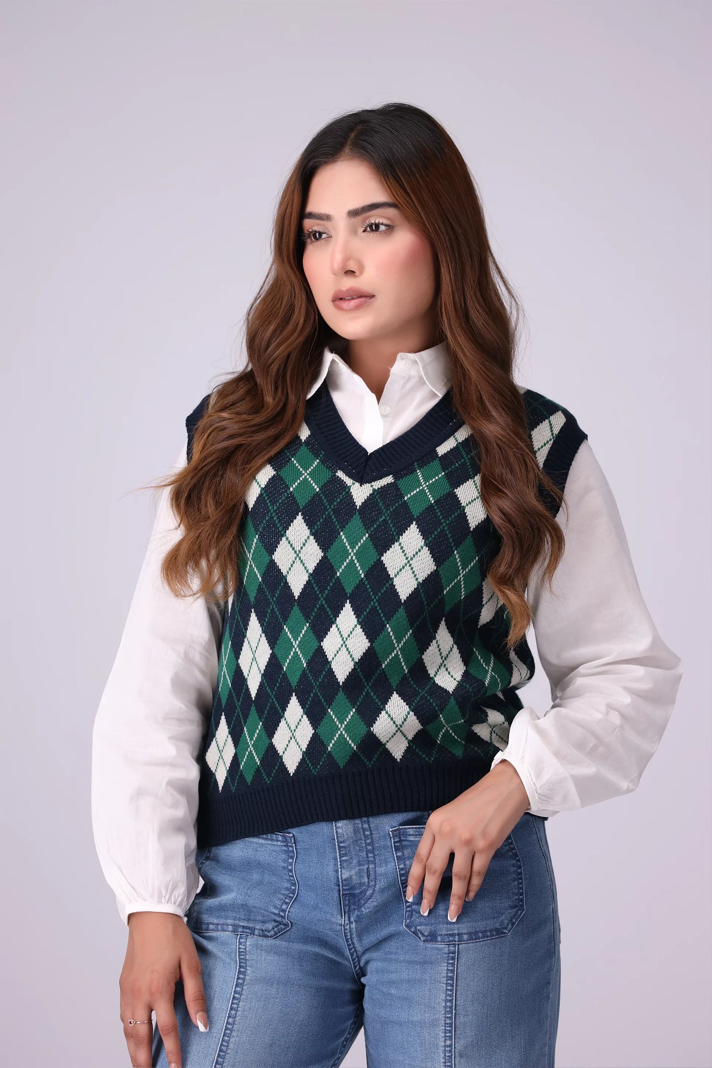 Argyle Pattern Jacquard Knit Sweater Vest Women Sweater Winter 2024 Knit Story COUGAR- (Women Winter 2024) SM Green 