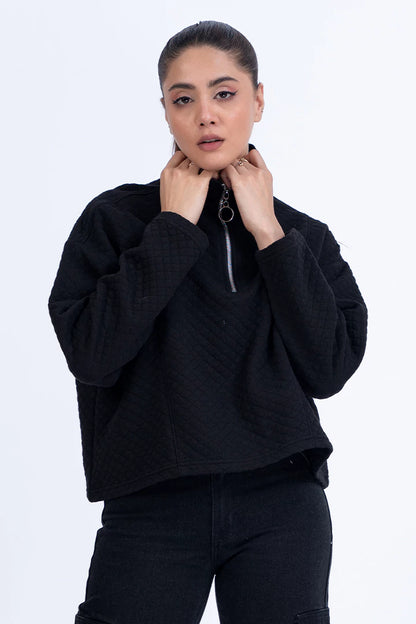 Black Cropped Half Zipper Sweatshirt