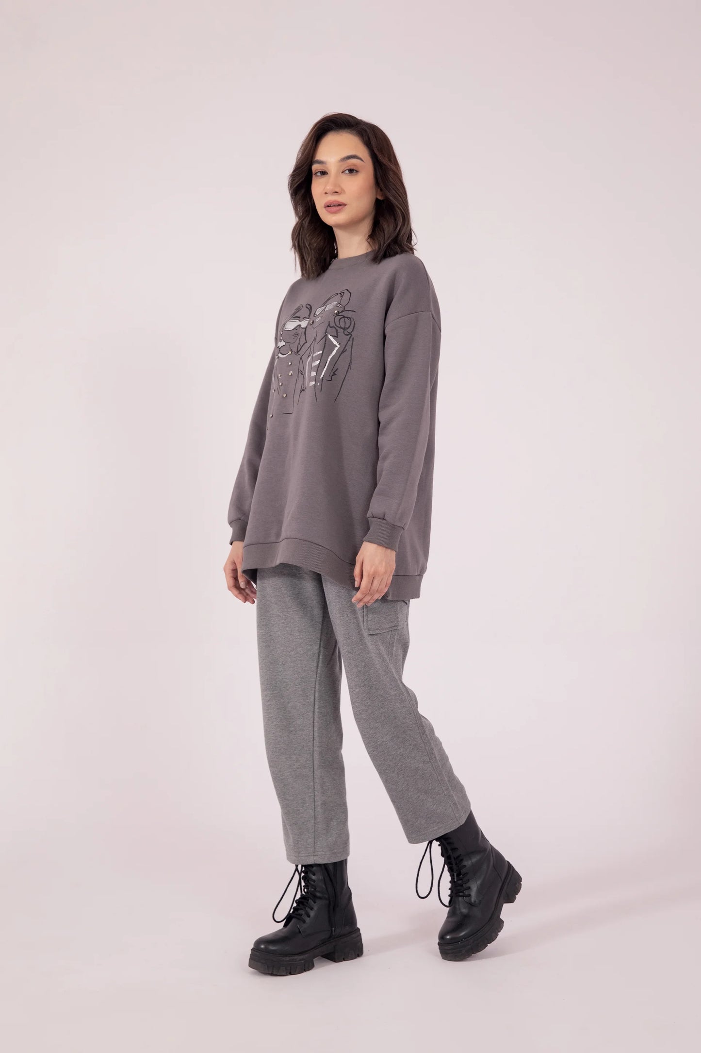 Embellished Graphic Sweatshirt Women Sweatshirt Winter 2024 Knit Story COUGAR- (Women Winter 2024) XS Grey 