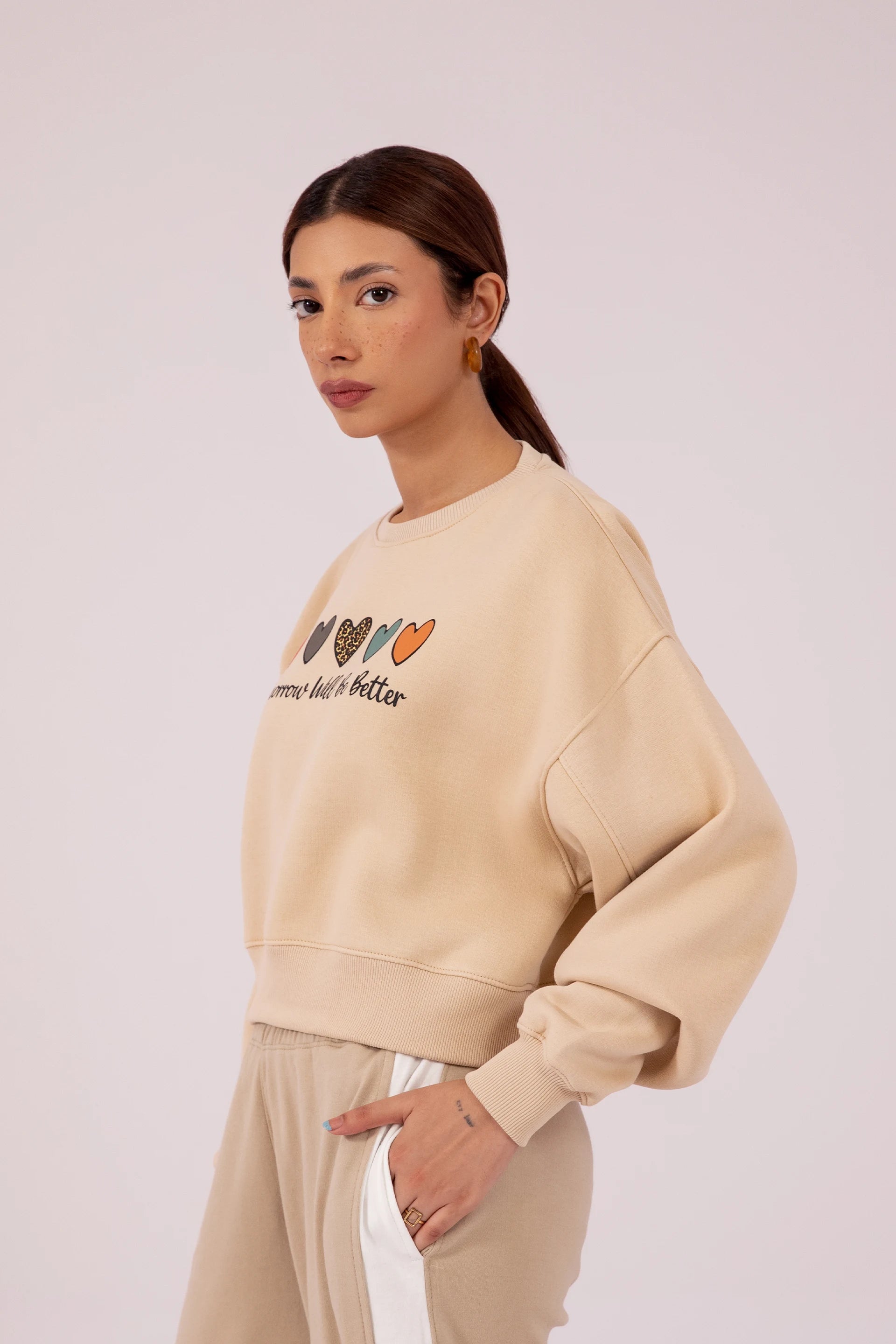 Printed Cropped Sweatshirt Women Sweatshirt Winter 2024 Knit Story COUGAR- (Women Winter 2024)   