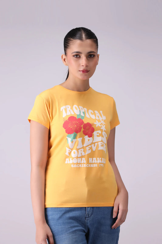 TROPICAL VIBES Graphic T-Shirt Women Tee Fall 2024 Core Comfort COUGAR- (Women Fall 2024) XS Yellow 