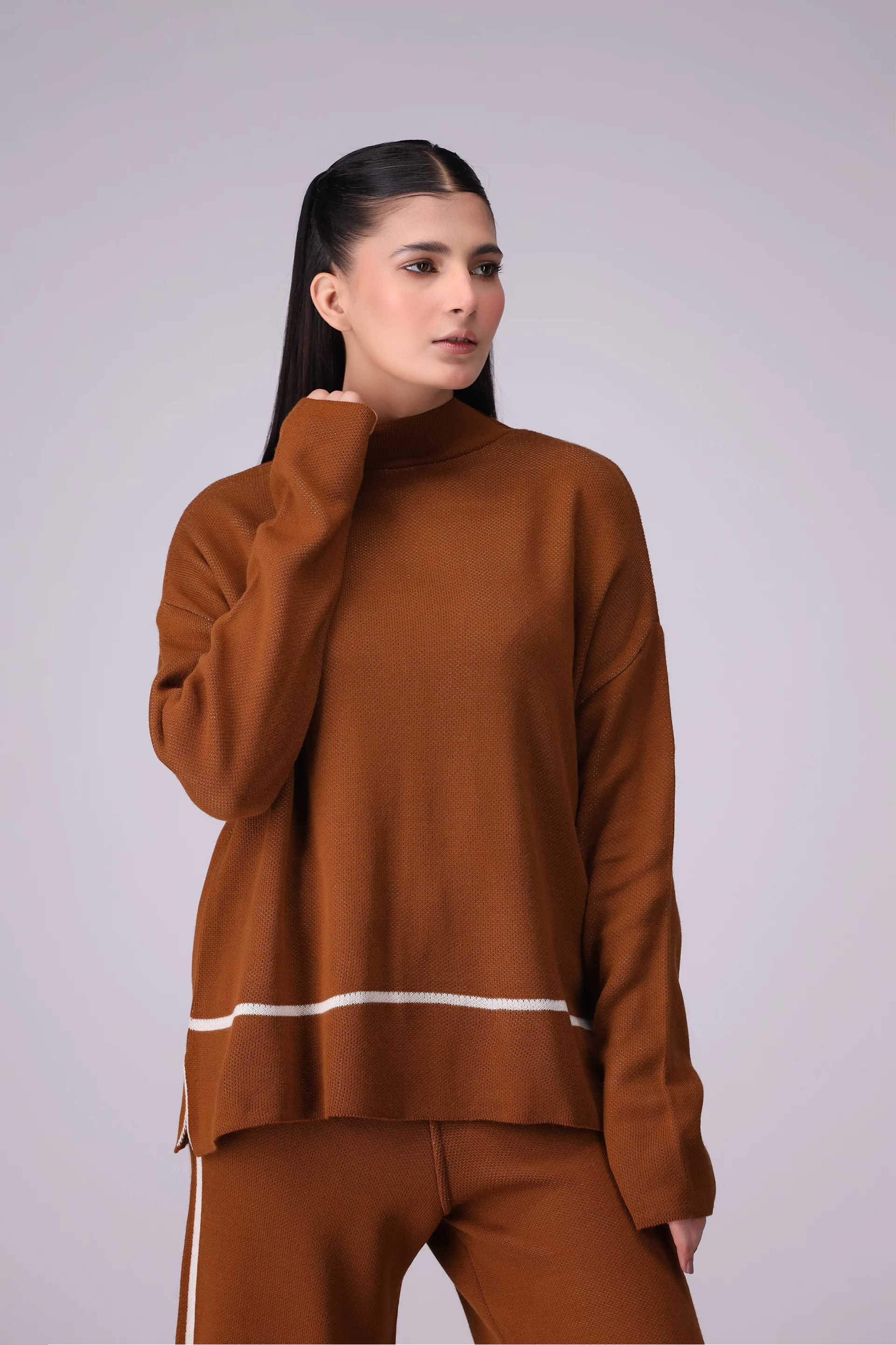 Single Striped Knit Co-Ord Set Women CO-Ords Winter 2024 Knit Story COUGAR- (Women Winter 2024) FSZ Brown 