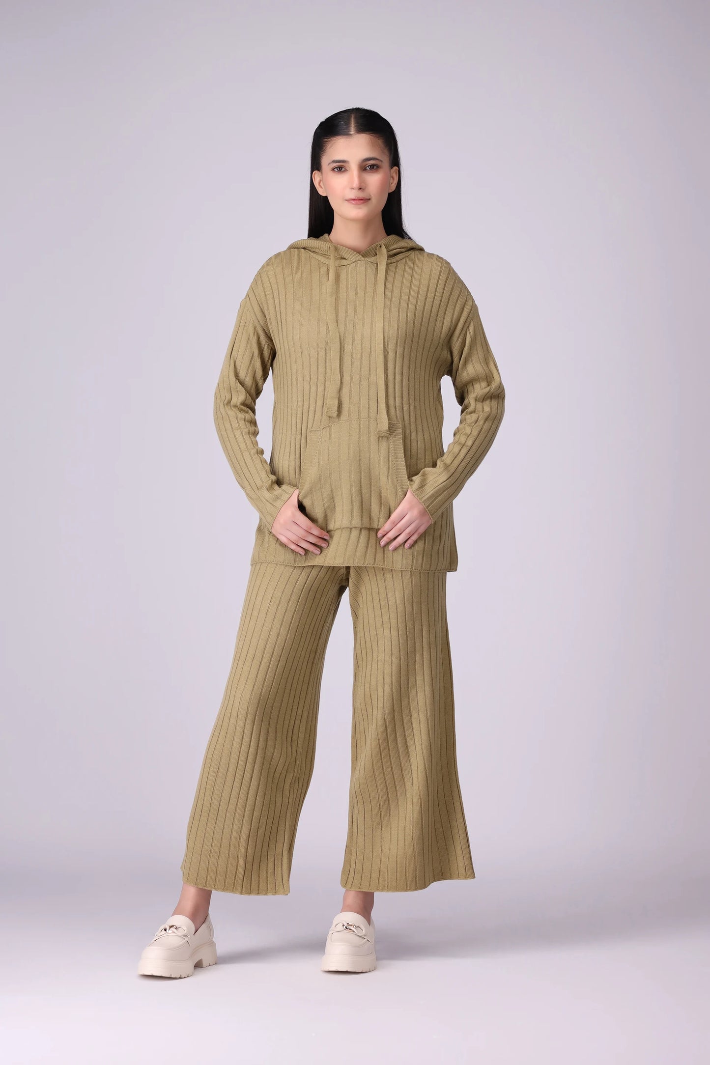 Hooded Top Rib Knit Co-Ord Set Women CO-Ords Winter 2024 Knit Story COUGAR- (Women Winter 2024) FSZ Light Olive Women