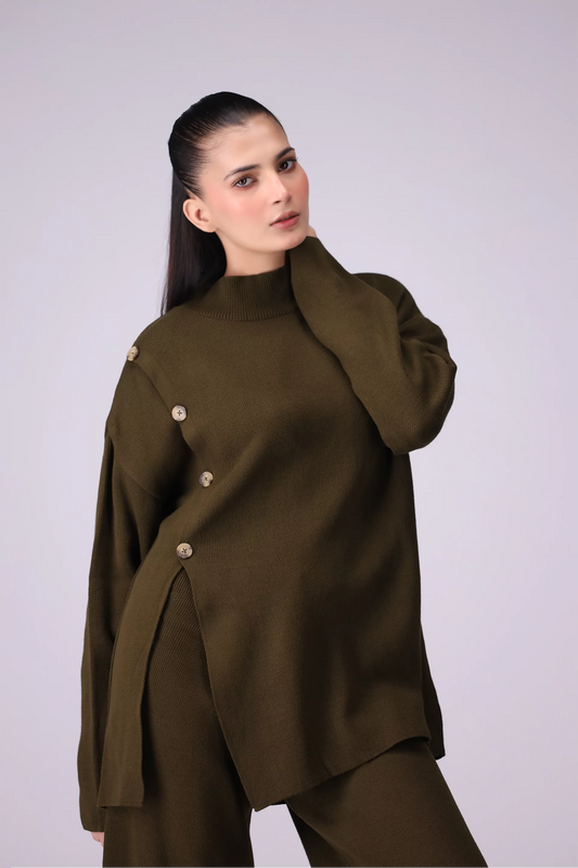 Side Button Top Knitted Co-Ord Set Women CO-Ords Winter 2024 Knit Story COUGAR- (Women Winter 2024) FSZ Olive 