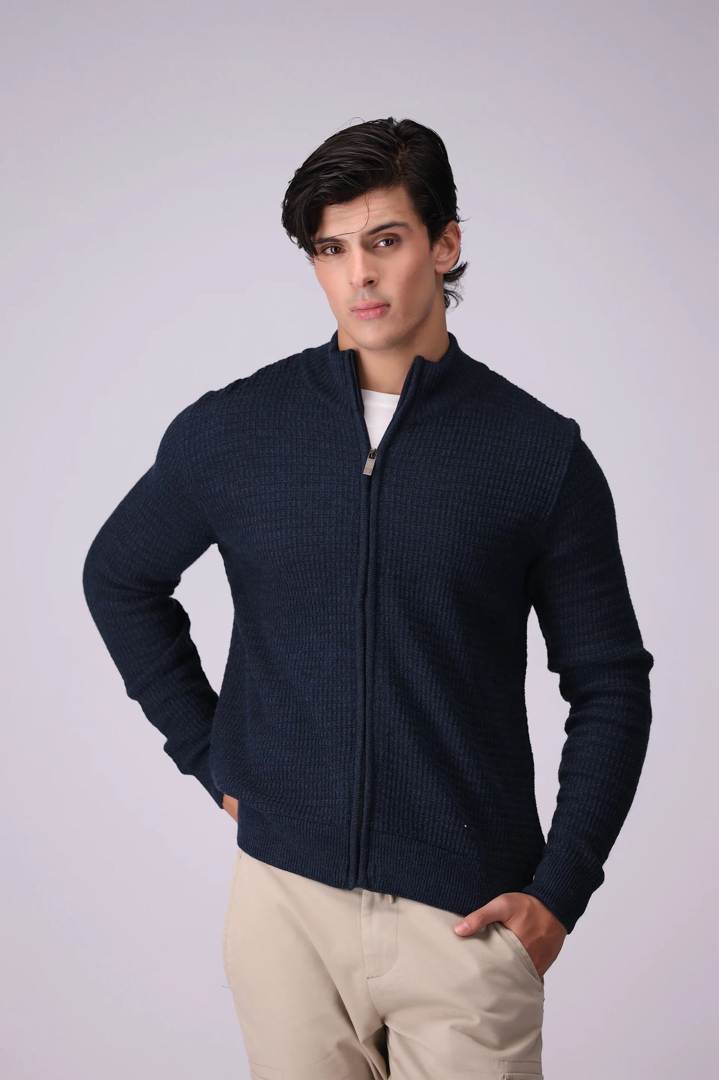 Textured Knitted Zipper Sweater Men Sweater Winter 2024 Knit Story COUGAR- (Men Winter 2024) M Navy 