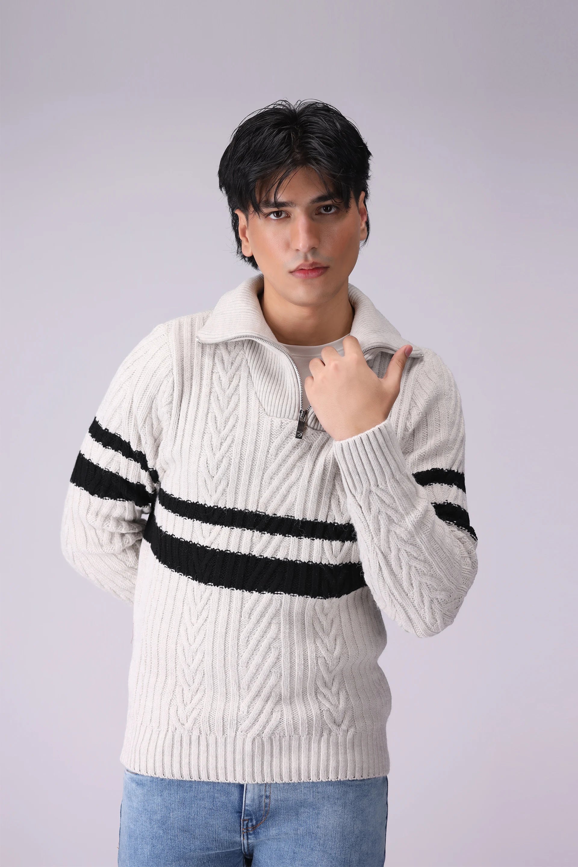 Cable Knit Quarter Zip Sweater Men Sweater Winter 2024 Knit Story COUGAR- (Men Winter 2024) M Off White 