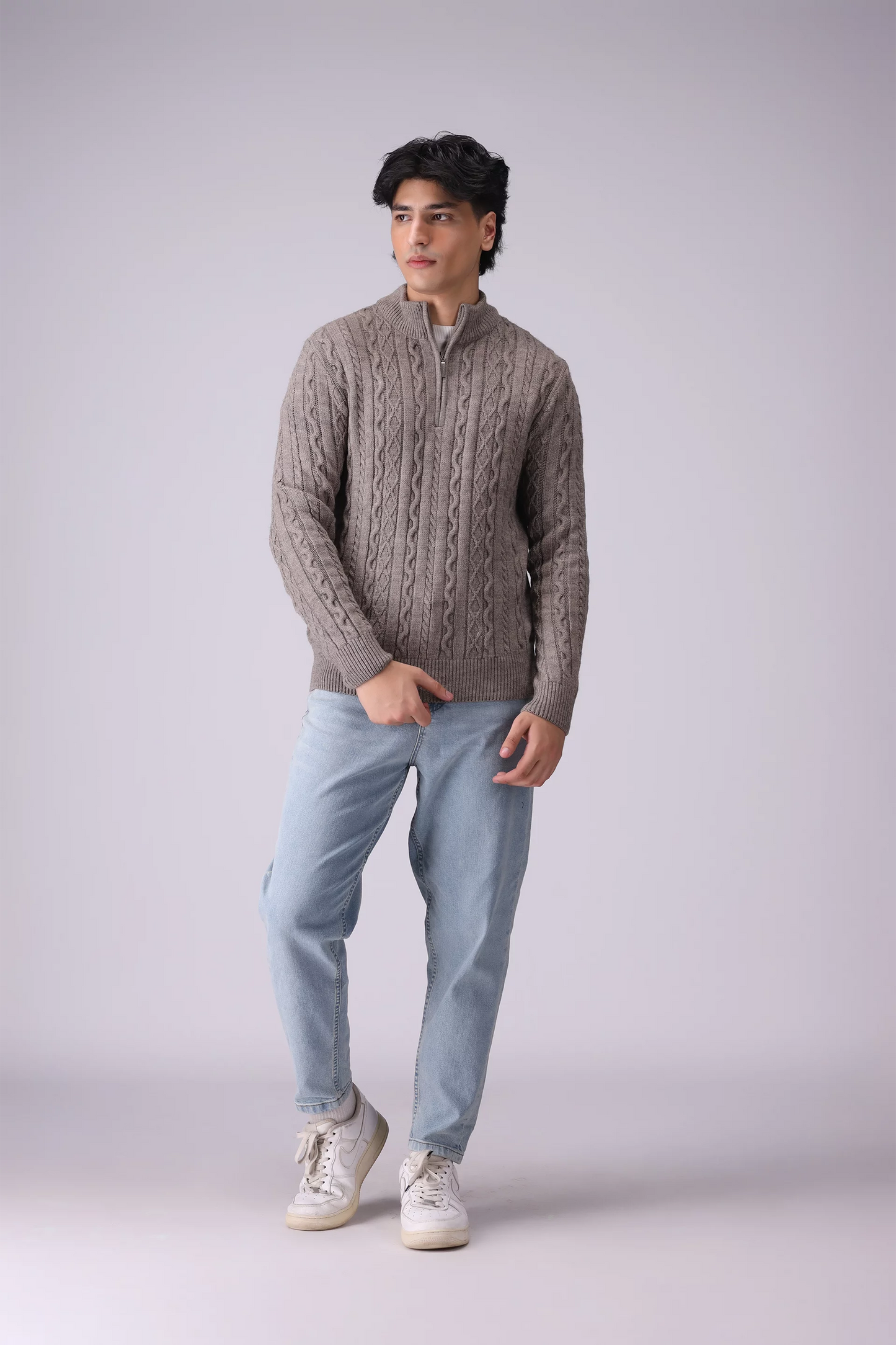 Cable Knit Quarter Zip Sweater Men Sweater Winter 2024 Knit Story COUGAR- (Men Winter 2024)   