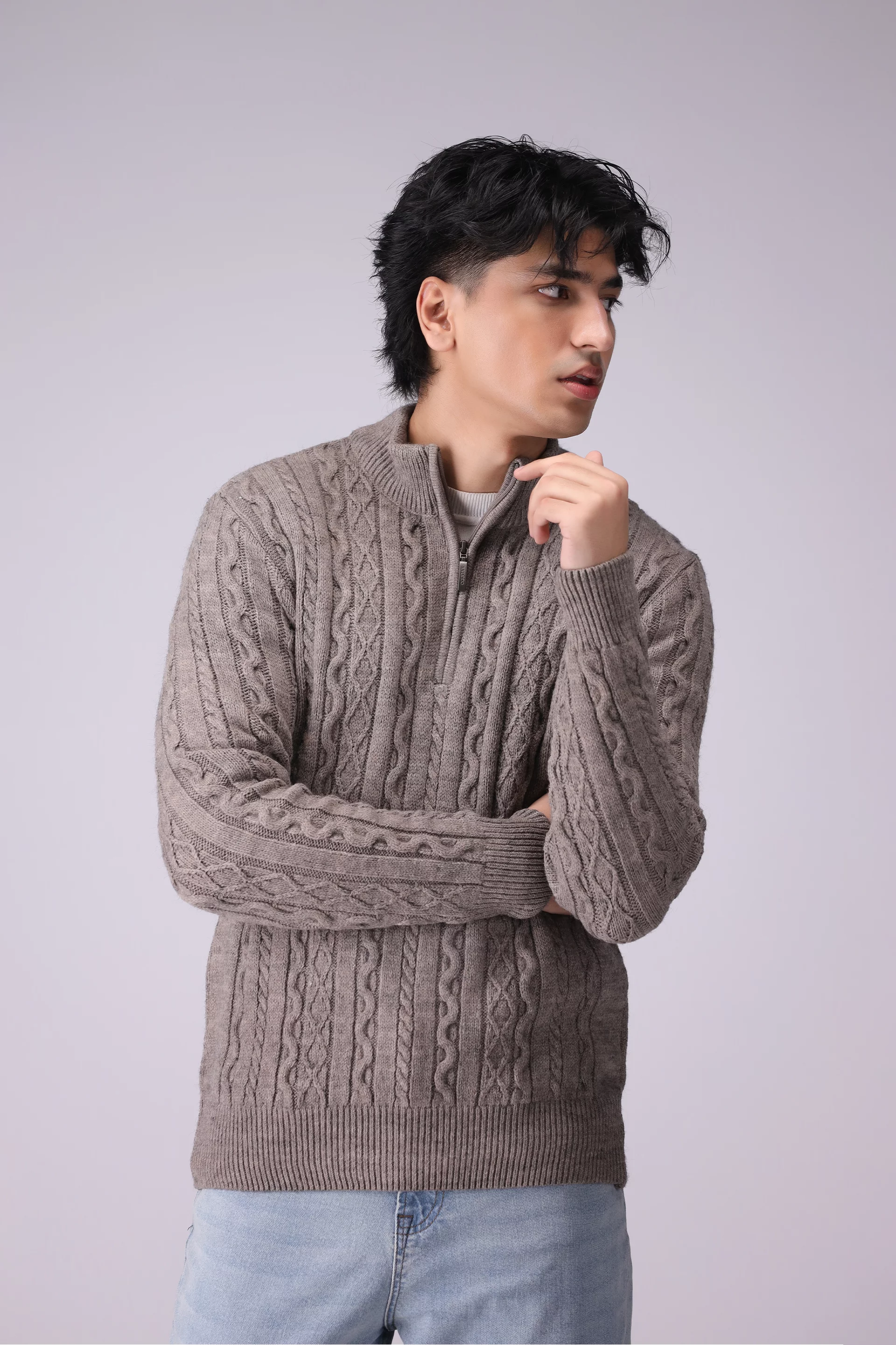 Cable Knit Quarter Zip Sweater Men Sweater Winter 2024 Knit Story COUGAR- (Men Winter 2024) M Grey 