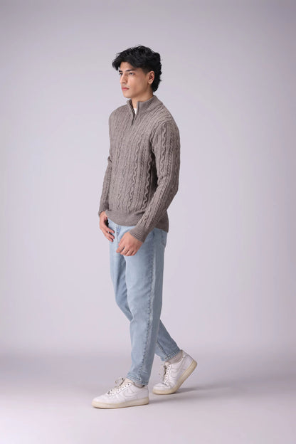 Cable Knit Quarter Zip Sweater Men Sweater Winter 2024 Knit Story COUGAR- (Men Winter 2024)   