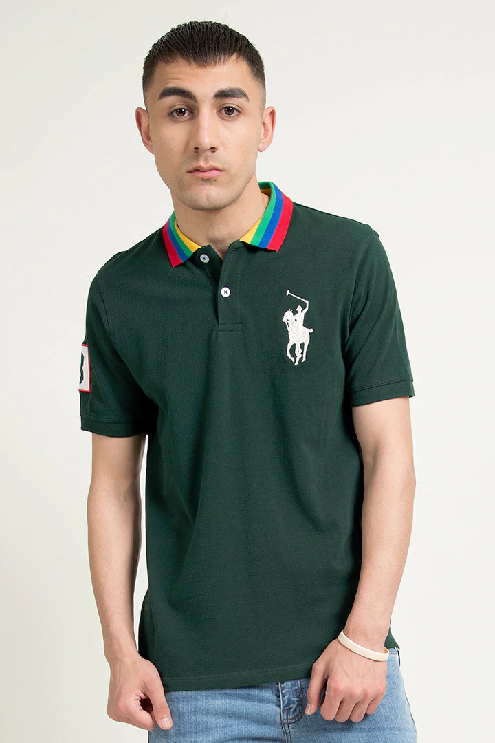 Striped Collar Embroidered Dark Green Polo Men Polo Pre Fall 2023 Vortex COUGAR   