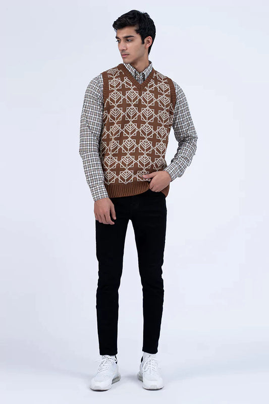 V-Neck Jacquard Brown Vest Sweater Men Sweater Winter 2023 Sportifall COUGAR M Brown 